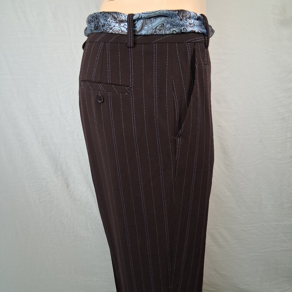 Larry Levine Brown Pinstripe Wide-Leg Pants with Blue Stitching Size 10 - Picture 7 of 16